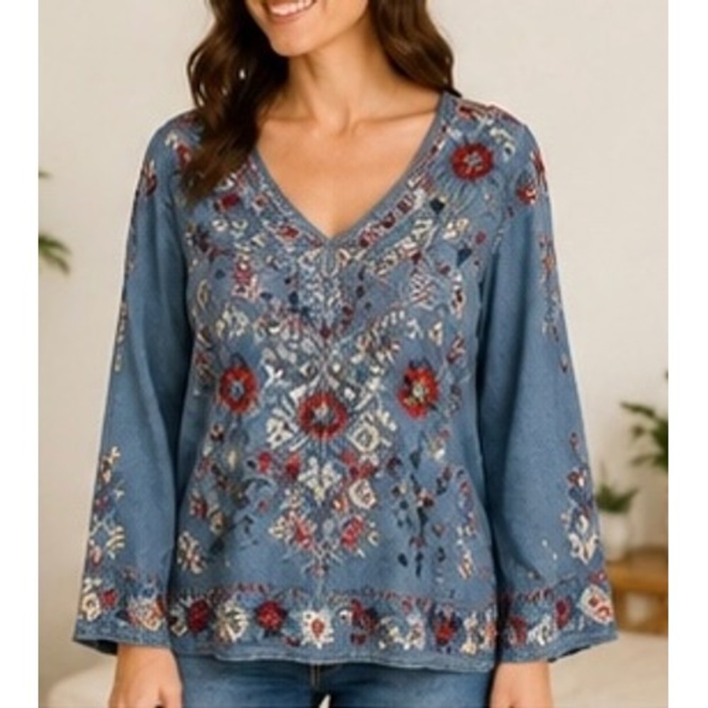 Johnny Was Workshop Blue Embroidered Floral V-Neck Bell Sleeve Blouse Large